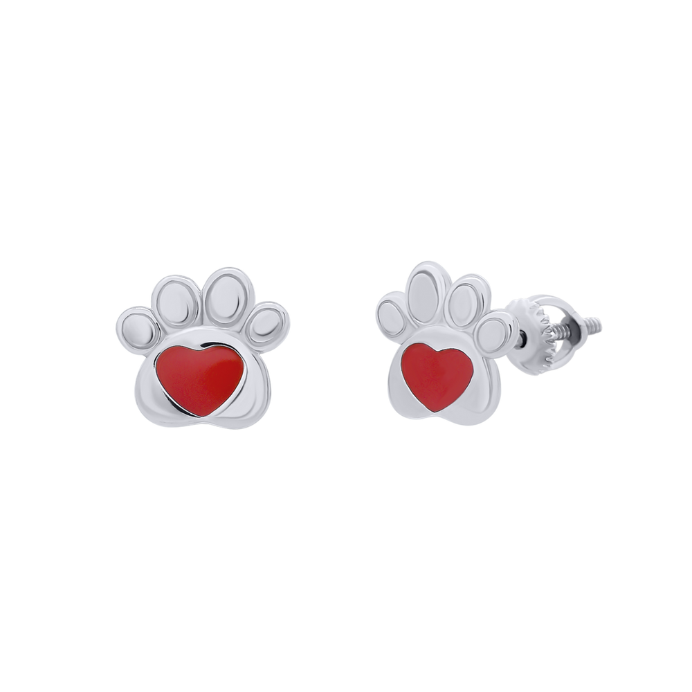 Срібні сережки-пусети Лапка з серцем з червоною емаллю для дівчинки Арт. 5596uup2