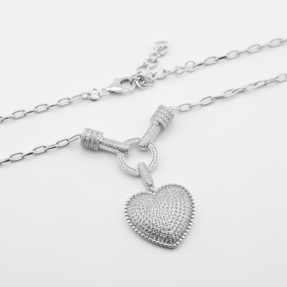 Серебряное колье Сердце в камнях с фианитами белыми KO14418, 40 размер