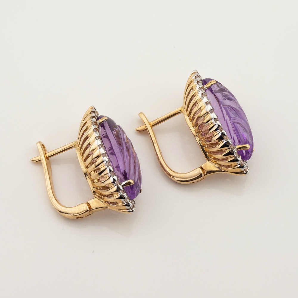 Золотые серьги камни Маркиз с аметистами и фианитами 12825am, Фиолетовый