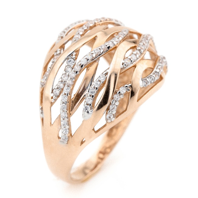Золотое кольцо красное Переплетени с белыми фианитами КК11220, 18,5 размер, 18-5, Белый