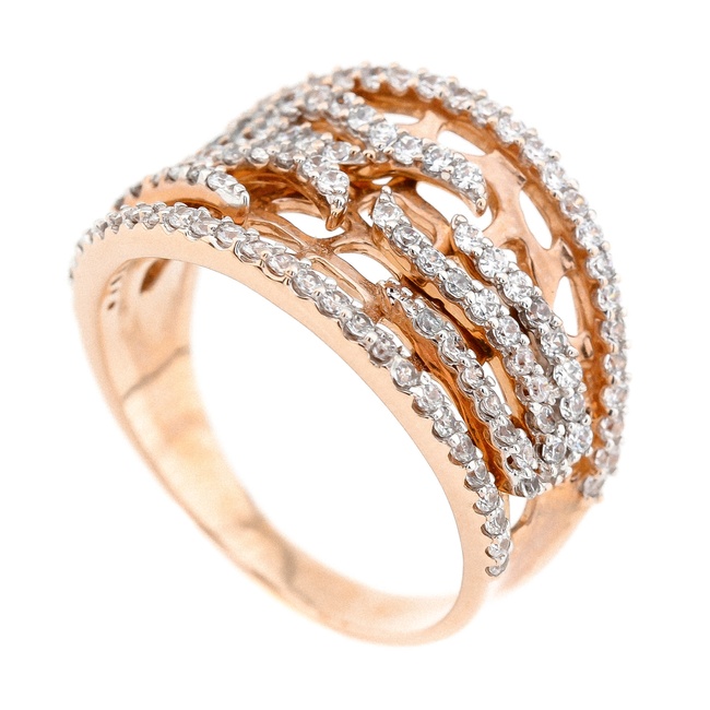 Золотое кольцо с резными узорами с фианитами дорожками КК11087, 17,5 размер, 17-5, Белый