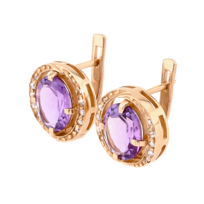 Золоті сережки з аметистами овал та фіанітами 12940am, Фіолетовий