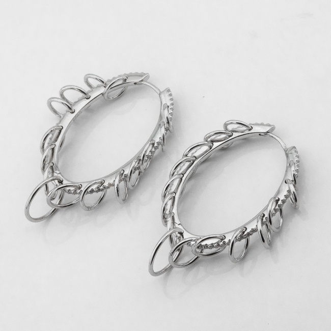 Срібні сережки-кільця Овальні з білими фіанітами (3х2 см) c121572, Білий