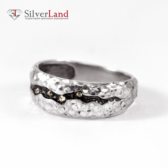 Рельефное кольцо в стиле гранж "EJ Mine" с чернением и 5-тю белыми камнями серебро 925 пробы Арт. 1070/EJ размер 16