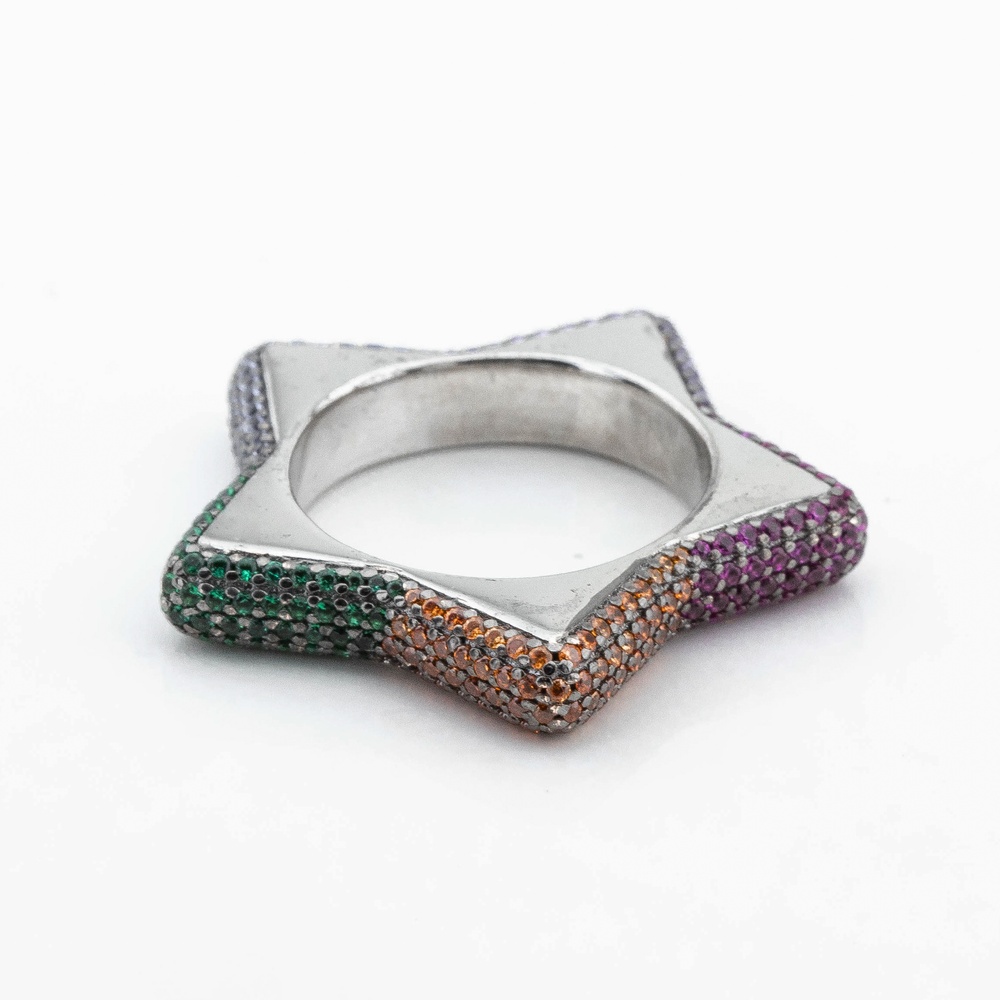 Серебряное кольцо фигурное Звезда с разноцветными фианитами K111765, 16 размер