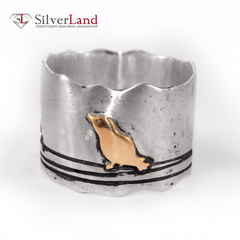Широке срібний перстень "EJ Birds" з золотими вставками у вигляді птахів і гравіюванням Арт. 1002/EJ