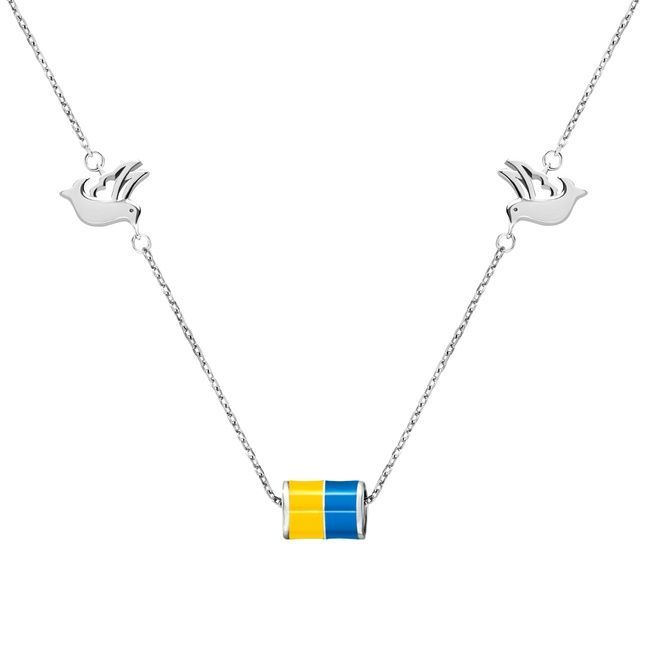 Серебряное колье Птички (желто-голубая эмаль) 3400790, 45 размер