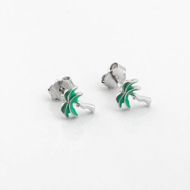 Дитячі срібні сережки-пусети Пальми із зеленою емаллю c121654, Зелений