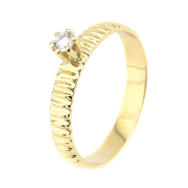 Золотое кольцо с выступающим камнем фианитом (ребристое) из желтого золота 111087-3, 17 размер