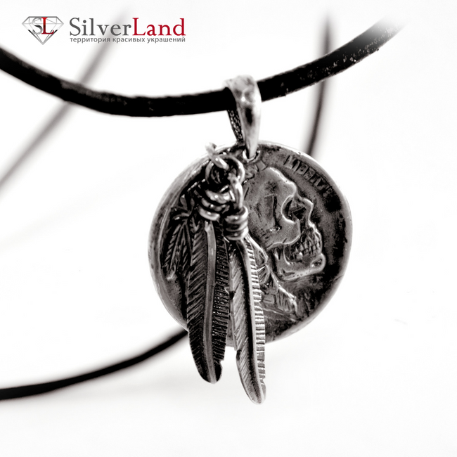 Серебряная подвеска на кожаном шнурке в стиле гранж в виде американской монеты "EJ Buffalo" Арт. 3037/EJ