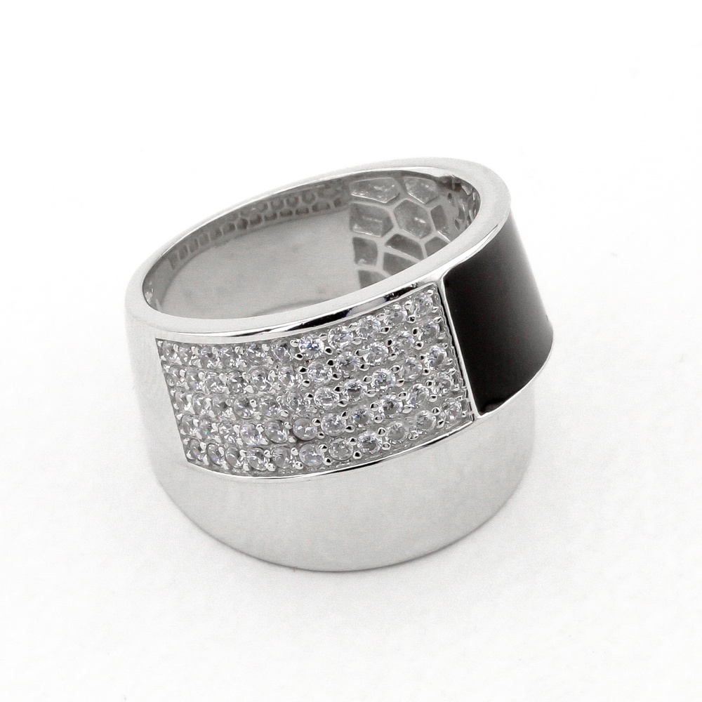 Широке срібний перстень з чорною емаллю та фіанітів K11894, 17,5 розмір