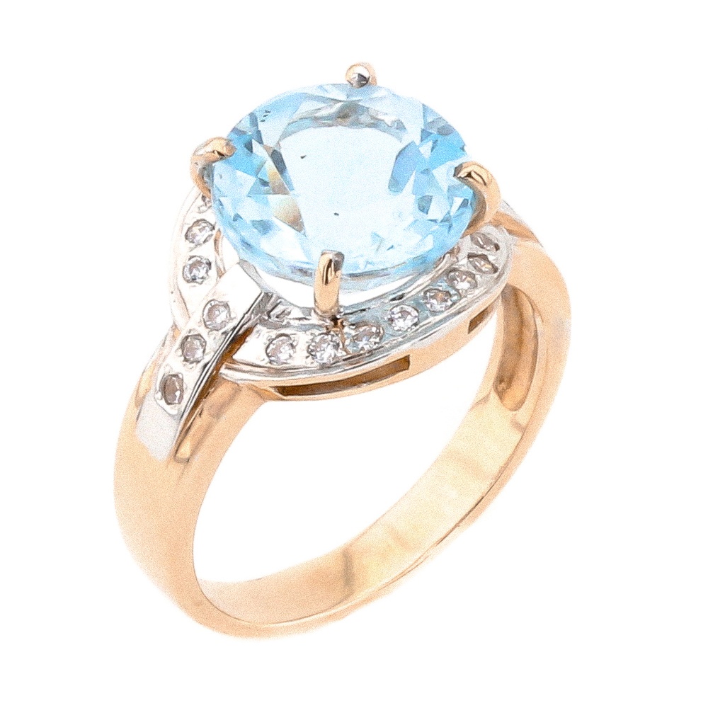 Золотое кольцо с выступающим голубым топазом круглой формы и фианитами 11921top, 18 размер