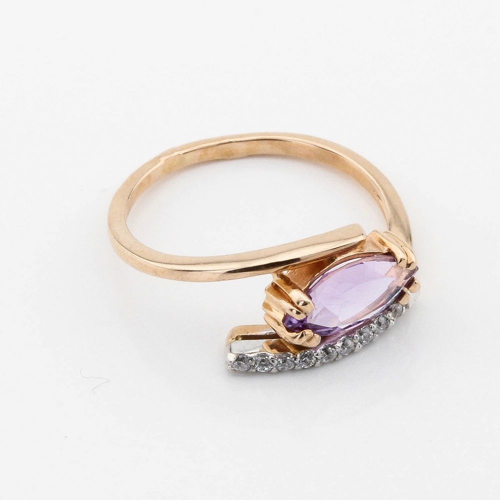 Золоте кільце тонке Крапля з аметистом та фіанітами 11782am, 16,5 розмір