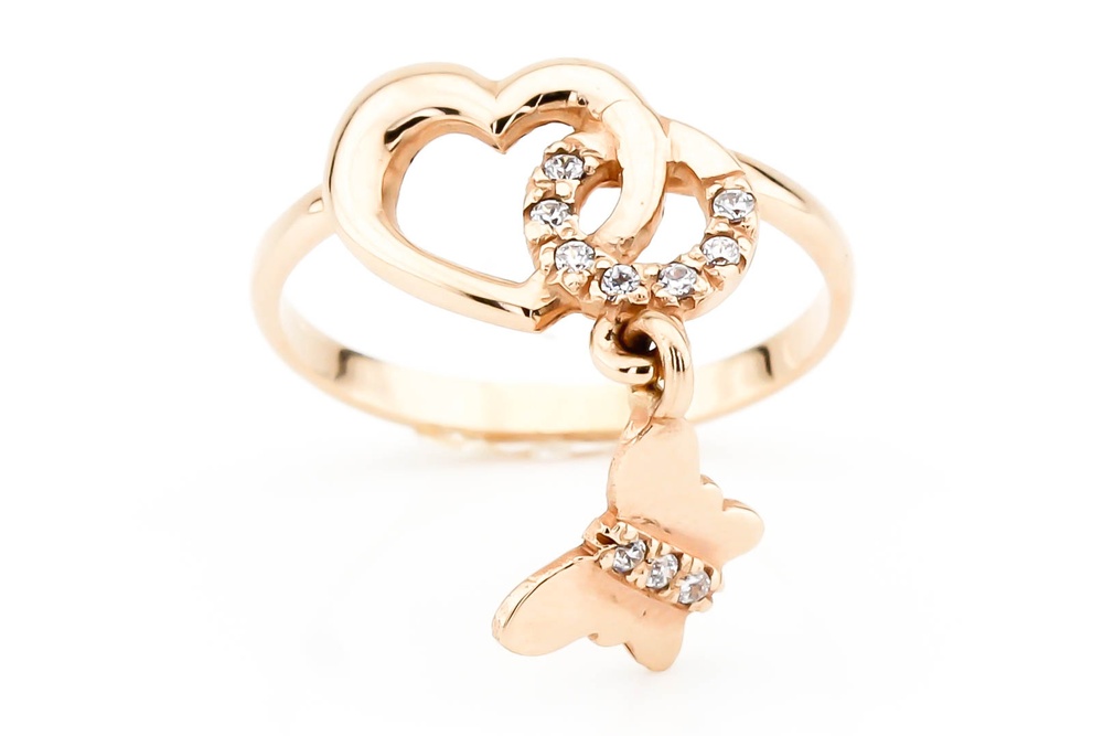 Золотое кольцо "Бабочка" с фианитами 11955, 17,5 размер