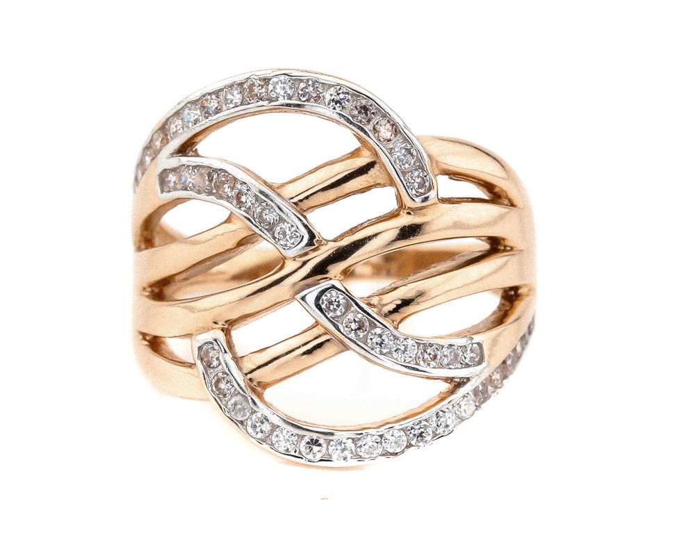 Золотое кольцо красное с белыми фианитами переплетениями КК11139, 18 размер, 18, Белый
