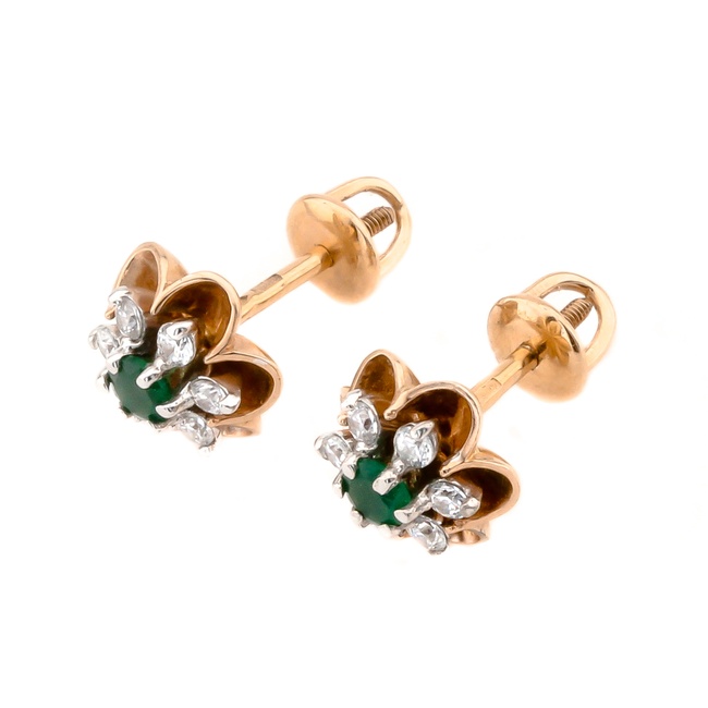 Золоті сережки гвоздики Квітка з зеленим оніксом та фіанітами 12931go, Зелений