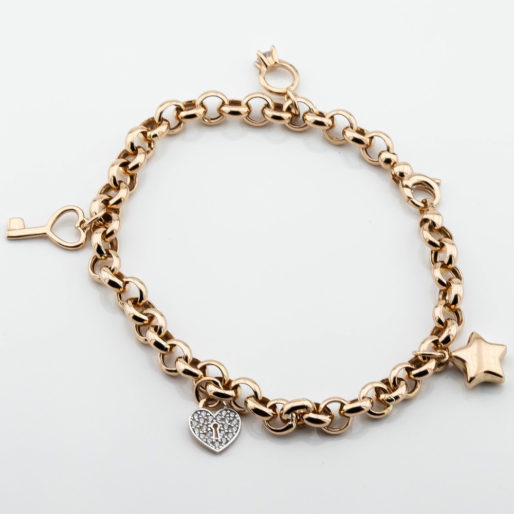 Золотой браслет (звезда, сердце, ключик, колечко) b15984, 17 размер