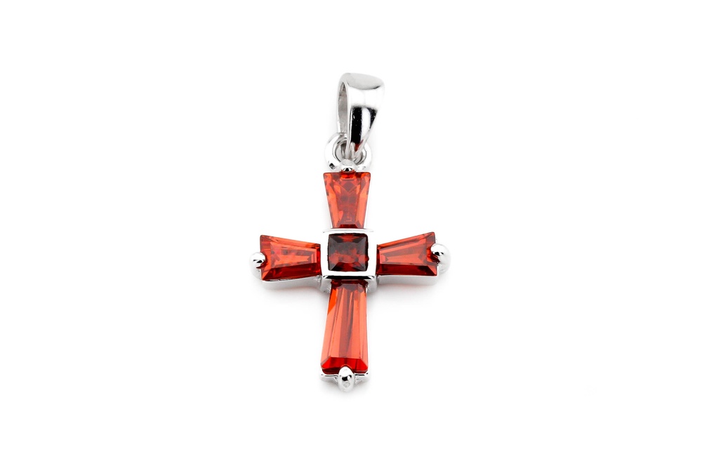 Декоративный серебряный крестик красный с фианитами СР13126, Белый