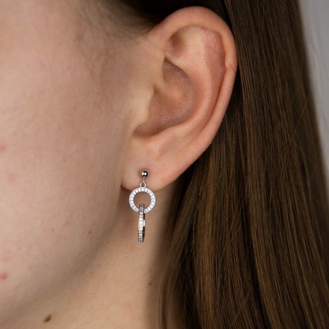 Серебряные серьги висюльки Кольца с фианитами 3202803, Белый, 21
