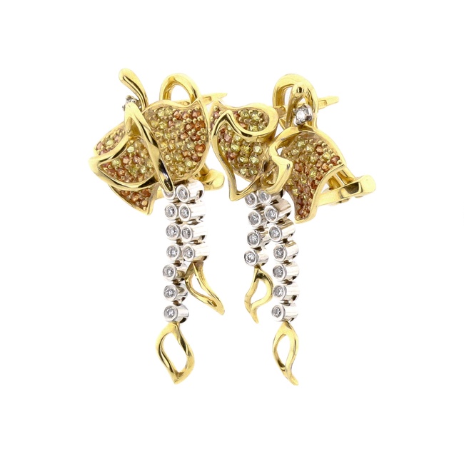 Золоті сережки з жовтим сапфіром та діамантами з італійською застібкою 12081б, Жовтий|Білий