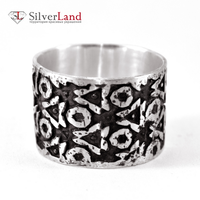 Серебряное кольцо Широкое "EJ Yoko" с абстрактным орнаментом с чернением Арт. 1004/EJ