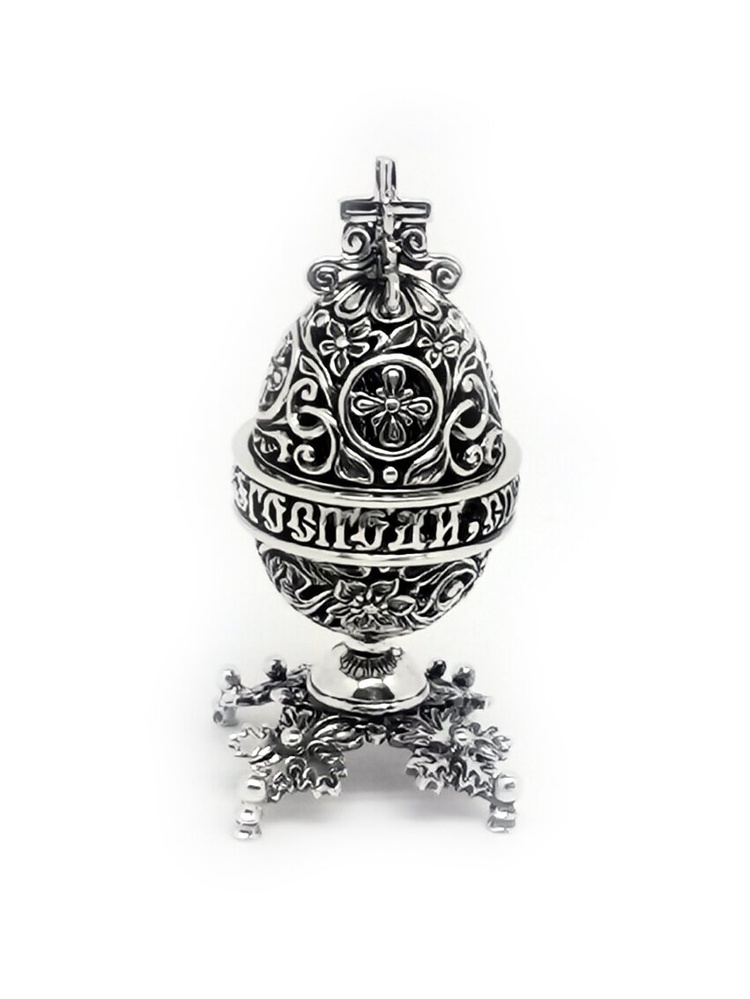 Подсвечник яйцо Святогорская Божья Матерь из серебра со сьемной статуэткой на магните с чернением 1025-IDE
