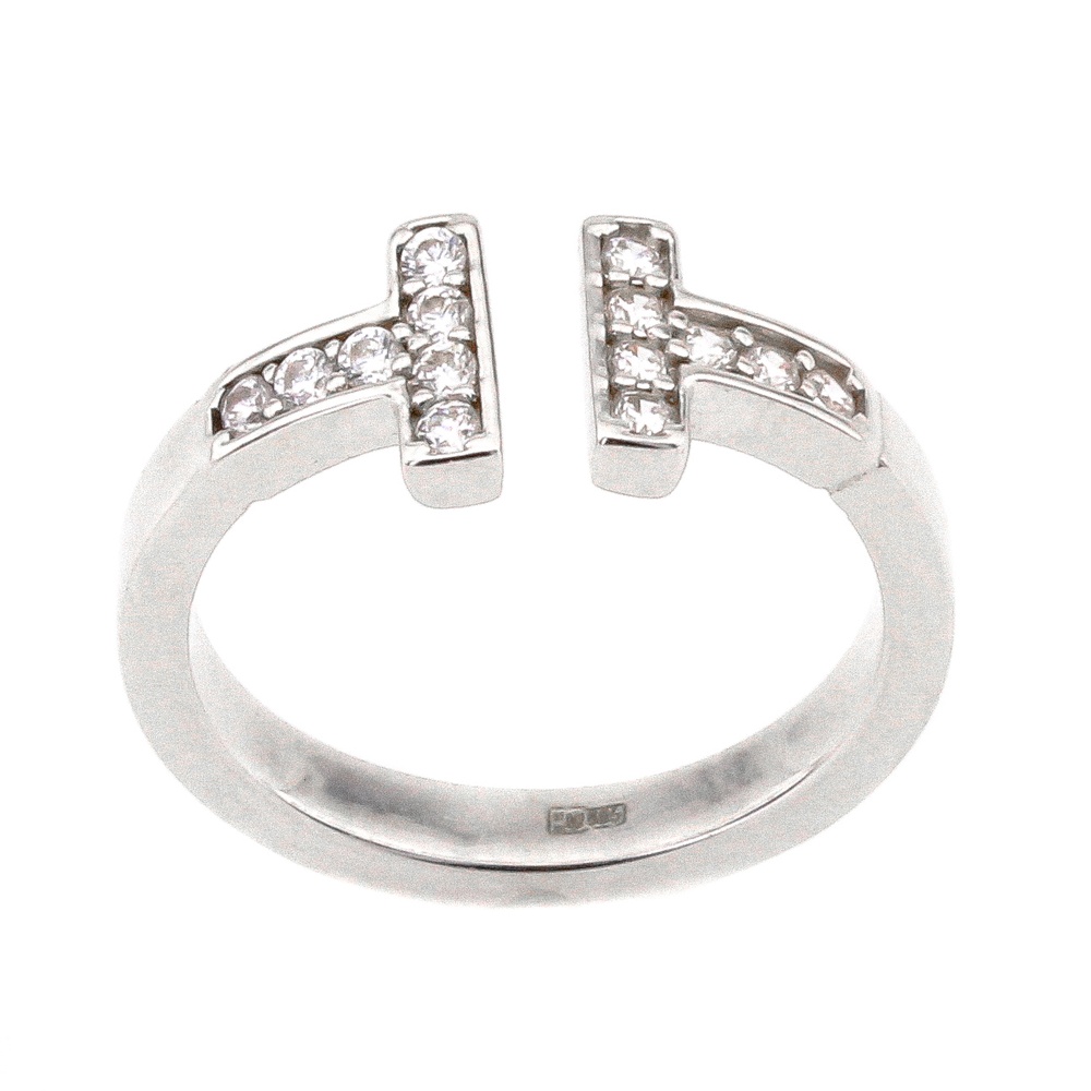 Незамкнутое кольцо из белого золота "Т" с белыми фианитами КК11322, 17,5 размер, 17-5, Белый