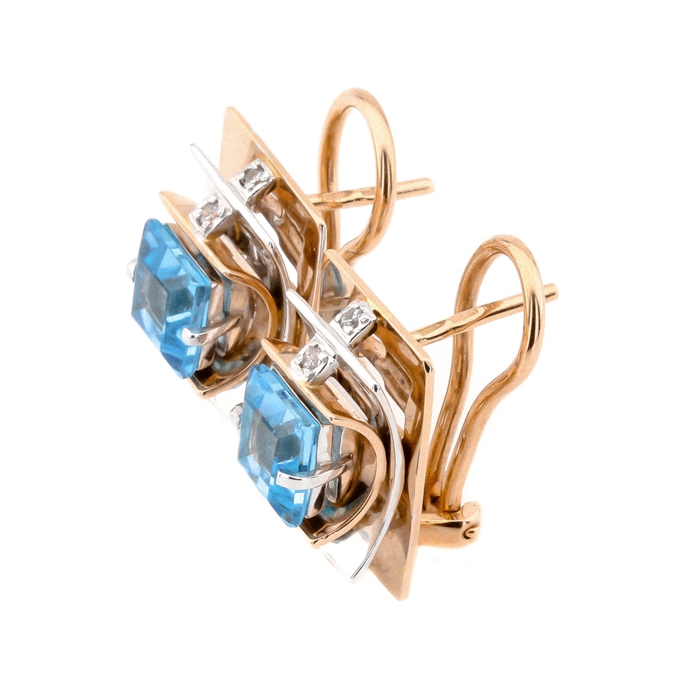 Золоті сережки Квадрати з топазами та фіанітами з італійським замком 12004top, Блакитний