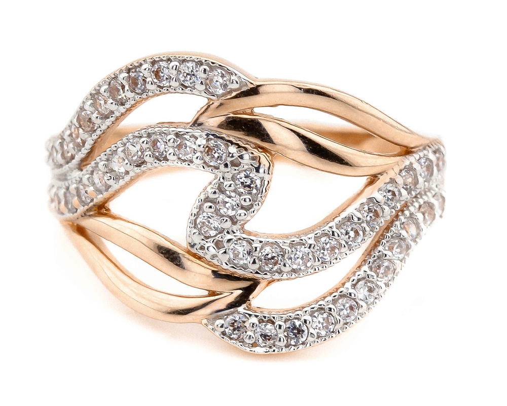 Золотое кольцо красное с белыми фианитами волнистыми дорожкамиКК11078, 17,5 размер, 17-5, Белый