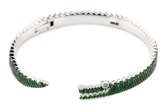 Срібний браслет незамкнений "Крокодильчик" зелений CB15117, Білий
