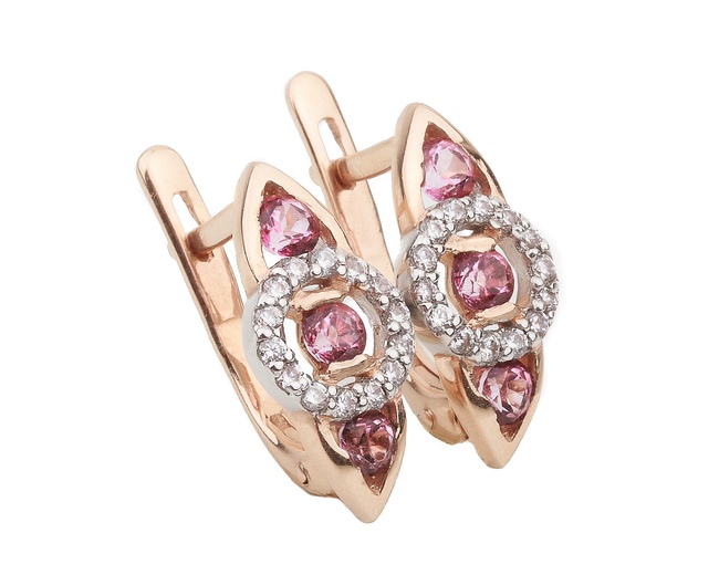 Золоті фігурні сережки з рожевим кварцом та фіанітами 12987, Рожевий