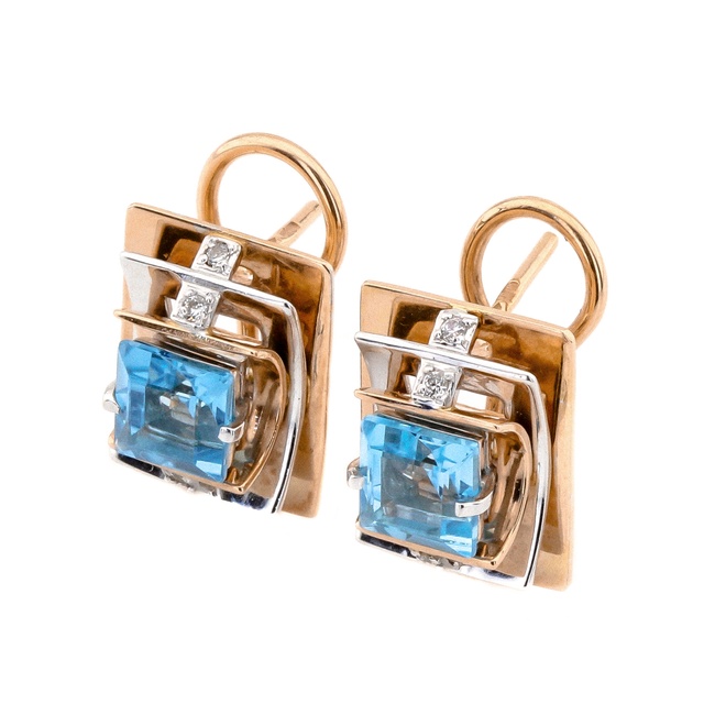 Золоті сережки Квадрати з топазами та фіанітами з італійським замком 12004top, Блакитний