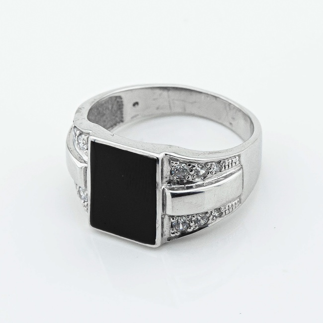 Мужское серебряное кольцо с черной эмалью и фианитами 320947A, 22 размер