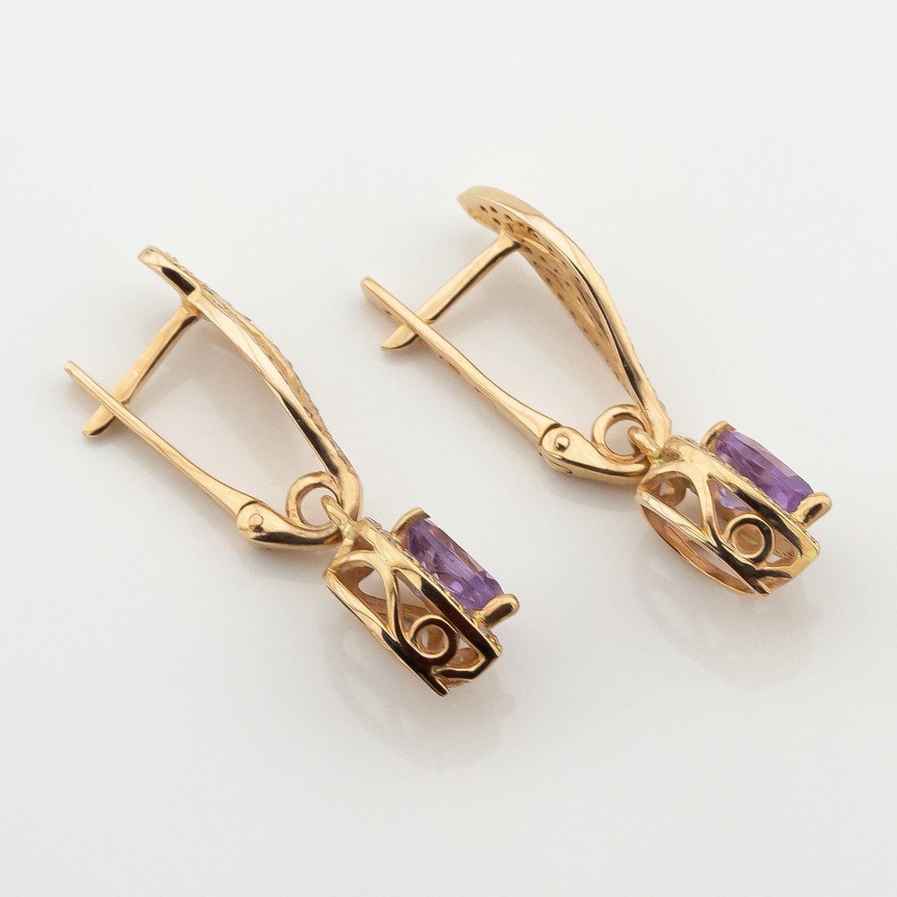 Золоті сережки фігурні Краплі з аметистом та фіанітами 14509am, Фіолетовий