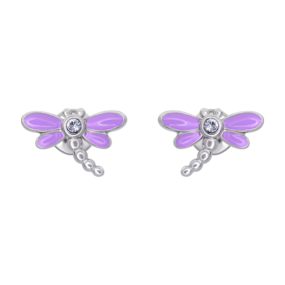 Дитячі сережки-пусети Бабка з фіолетовою емаллю та фіанітами 2195822006130501, Фіолетовий, UmaUmi Fly