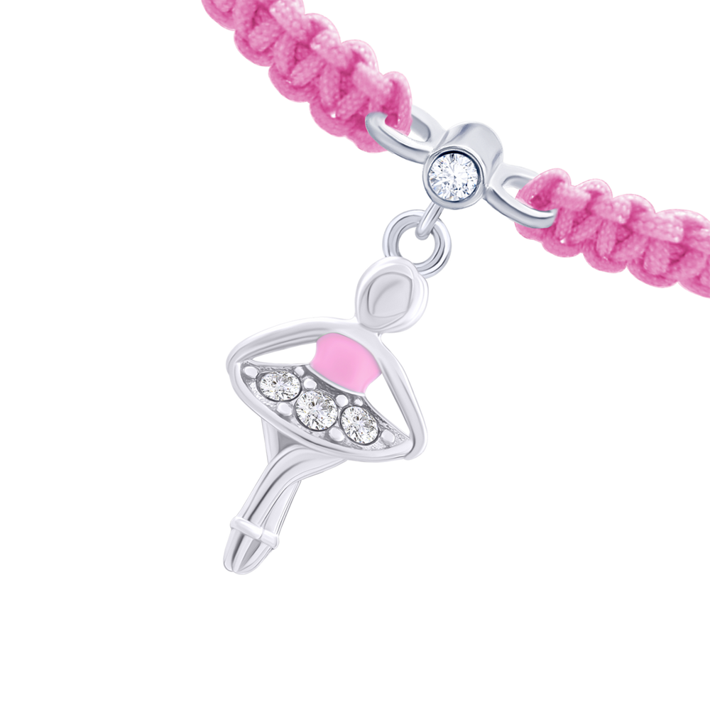 Плетеный браслет-шнурок с серебром Балерина с эмалью и Swarovski (Розовый) детский 4195423026110411, Розовый, UmaUmi Symbols