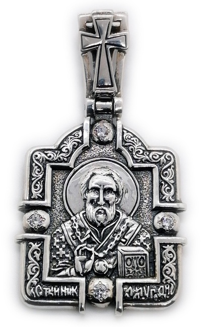 Серебряная ладанка Святой Николай квадратная с крестом черненая с белыми фианитами 2036-IDE, Белый