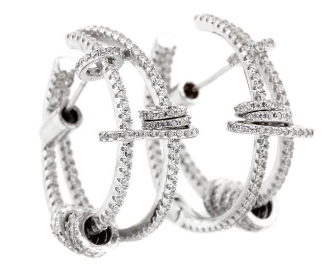 Серебряные серьги-кольца с подвесками с фианитами СС12019, Белый