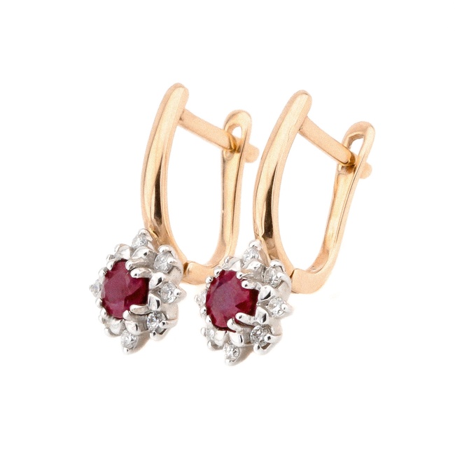 Класичні золоті сережки з рубінами круглої форми та фіанітами EO02591, Червоний|Білий