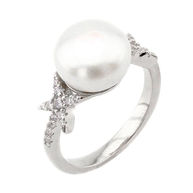 Серебряное кольцо с им. жемчуга и фианитами женское K11750, 17 размер, 17, Белый