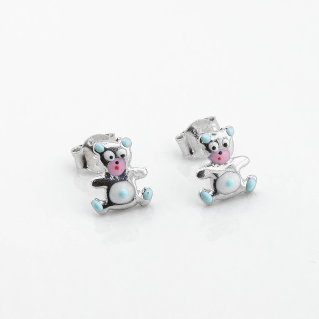 Детские серебряные серьги-пусеты Мишка цветной с эмалью c121638, Голубой|Белый