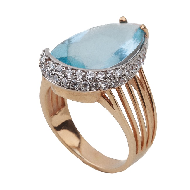 Золотое кольцо перстень с топазом груша и фианитами 11879, 16 размер
