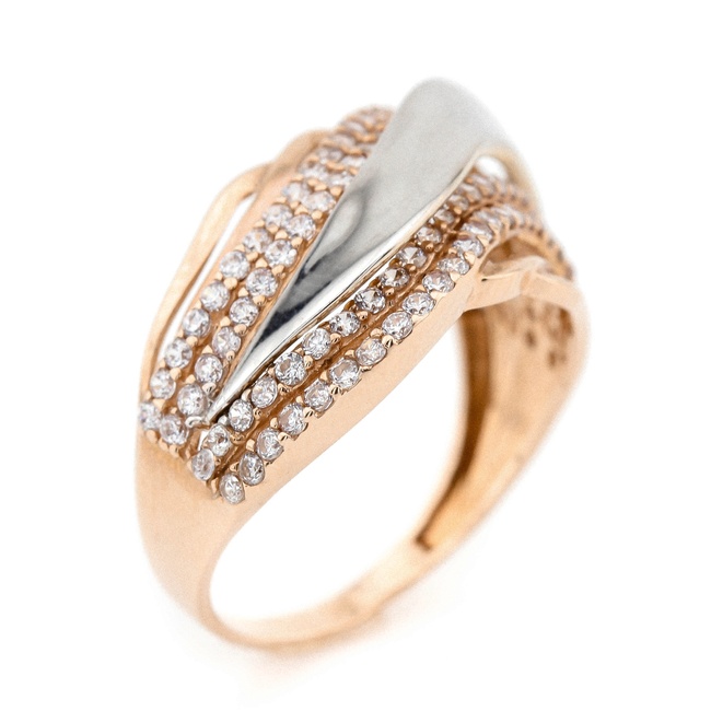Золотое кольцо фигурное ассиметрическое с белыми фианитами КК11176, 18 размер, 18, Белый