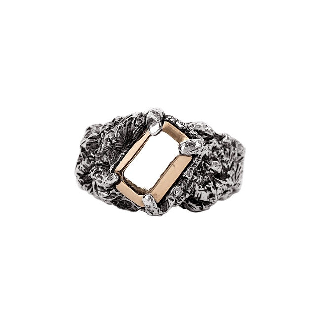 Авторское серебряное кольцо с золотом 750 "EJ Mad Precious" (Безумная ценность) структурное с чернением, Арт. 1120/EJ-14