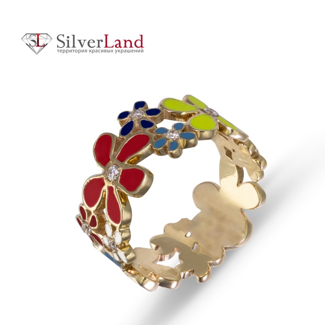 Золотое кольцо с цветами с эмалью и бриллиантами Арт. YZ715, Белый