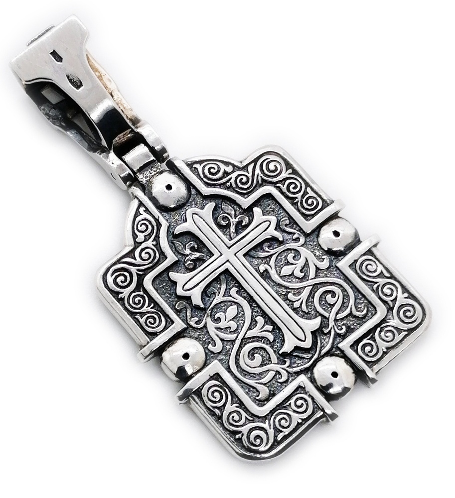 Срібна ладанка Святий Миколай квадратна з хрестом чорнене з білими фіанітами 2036-IDE, Білий