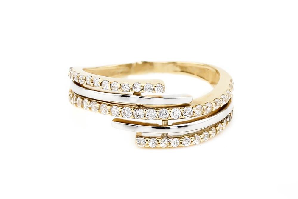 Золотое кольцо желтое с фианитами три дорожки КК11340, 18 размер, 18, Белый