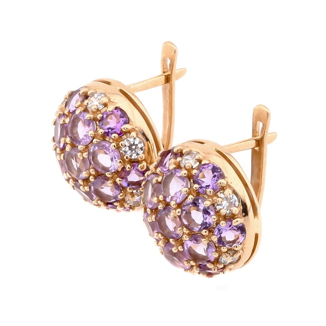 Золоті сережки круглого з фіолетовими аметистами та фіанітами 12763am, Фіолетовий