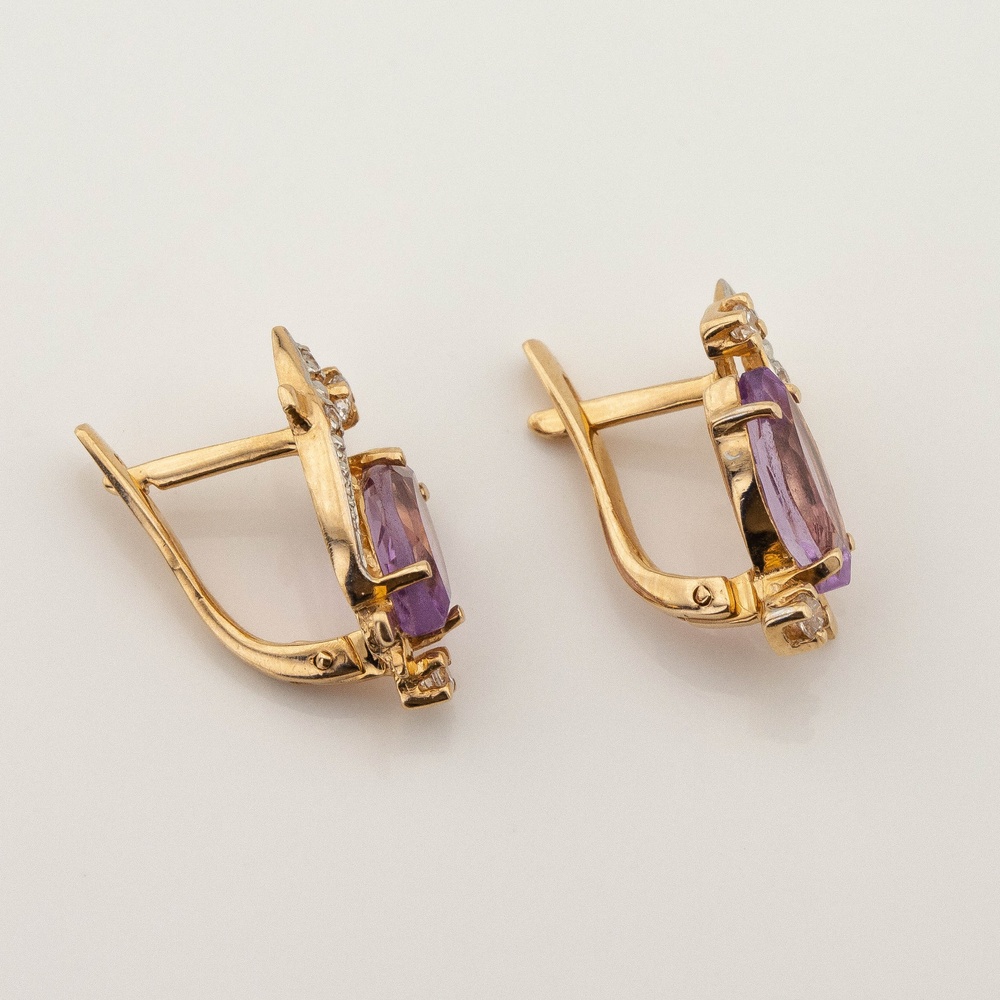 Золотые серьги с аметистами маркиз и фианитами 12531am, Фиолетовый