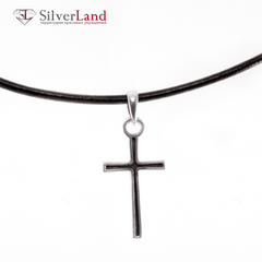 Шкіряний шнурок зі срібним тонким хрестом з чорнінням "EJ Cross" Арт. 3017/EJ
